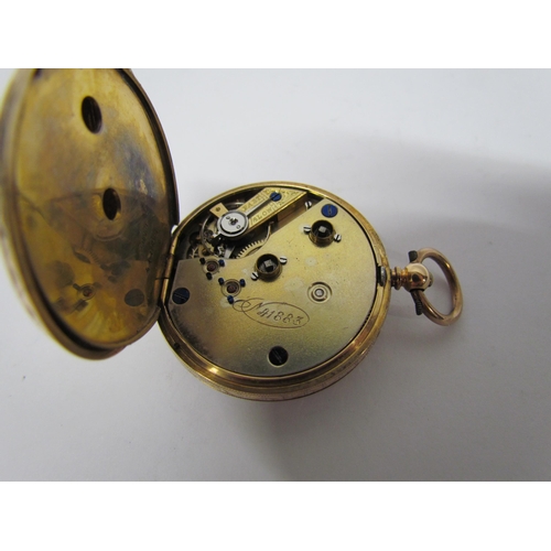 8169 - A 14k gold open face pocket watch, engraved centre dial and engraved back, Roman numerals with subsi... 