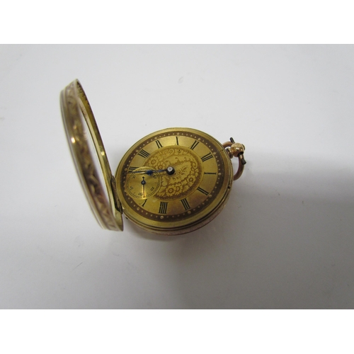 8169 - A 14k gold open face pocket watch, engraved centre dial and engraved back, Roman numerals with subsi... 