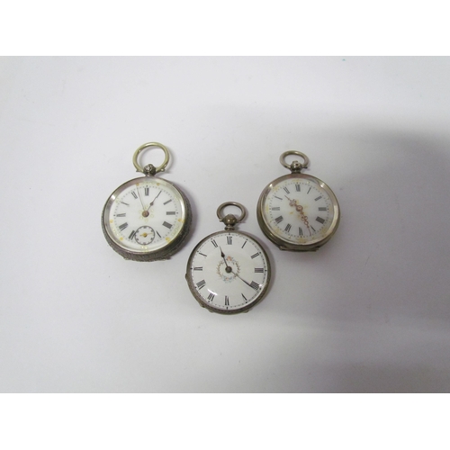 8108 - Three Continental silver fob watches including Swiss made all with decorative cases. Floral embellis... 