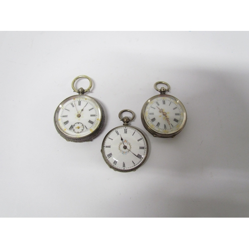 8108 - Three Continental silver fob watches including Swiss made all with decorative cases. Floral embellis... 