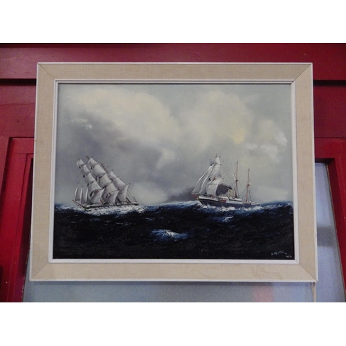 4026 - DENNIS PALMER: Aug. 75, oil on canvas of steam sailing ship and a sailing ship.  Signed and dated lo... 