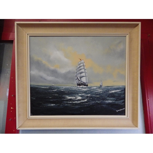 4027 - DENNIS PALMER: An oil on canvas of sailing ships.  Signed lower right.  Framed.  49.5cm x 59.5cm ima... 