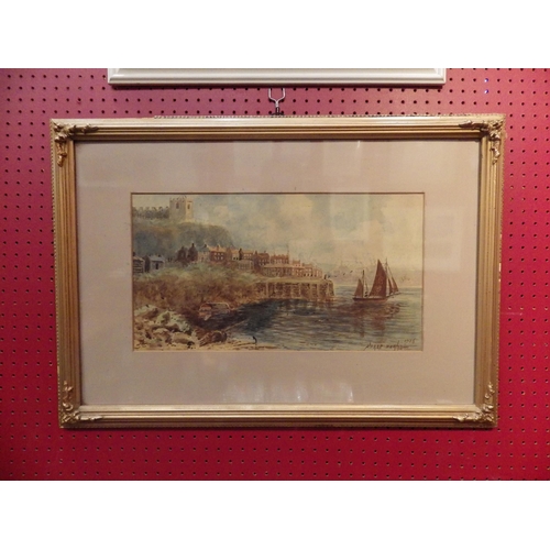 4085 - ALFRED DURHAM (XIX-XX): A watercolour of coastal scene, settlement on clifftop with sailing vessels,... 