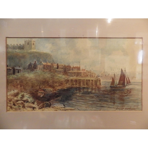 4085 - ALFRED DURHAM (XIX-XX): A watercolour of coastal scene, settlement on clifftop with sailing vessels,... 