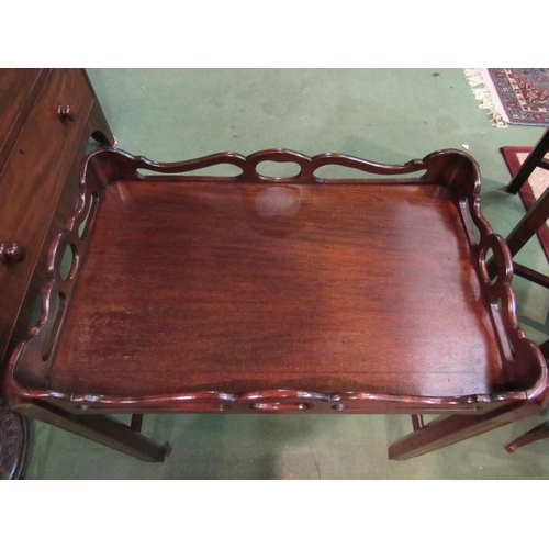 4190 - A George III revival mahogany tray on stand occasional table with raised fretwork gallery over chamf... 