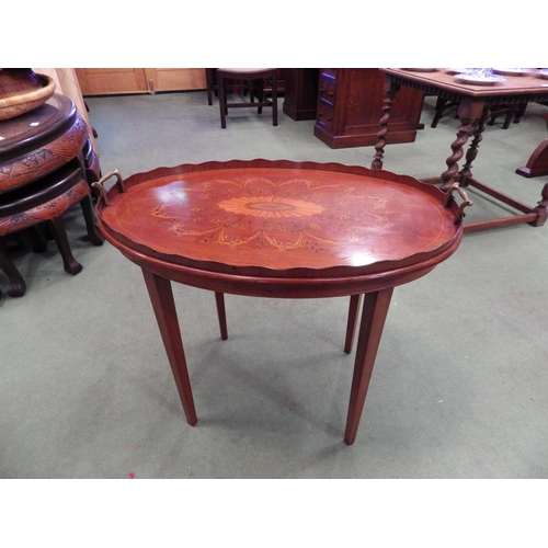 4207 - A 19th Century inlaid mahogany wavy gallery oval tray top table, the scroll brass handles over squar... 