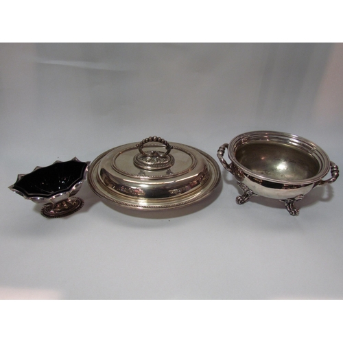 4276 - A silver plated lidded tureen, a two handled tureen no lid and a footed sweetmeat dish with blue gla... 