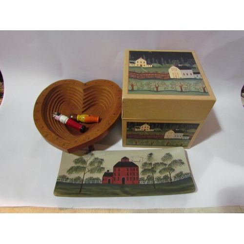 4291 - A Folk Art style painted tray and lidded box, wooden decorative heart shape bowl and painted wooden ... 