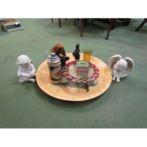 4303 - A bamboo charger, two seated cherubs, figures, Australian tin money box, apprentice chairs etc (R) £... 