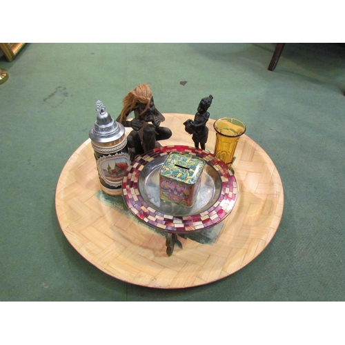 4303 - A bamboo charger, two seated cherubs, figures, Australian tin money box, apprentice chairs etc (R) £... 