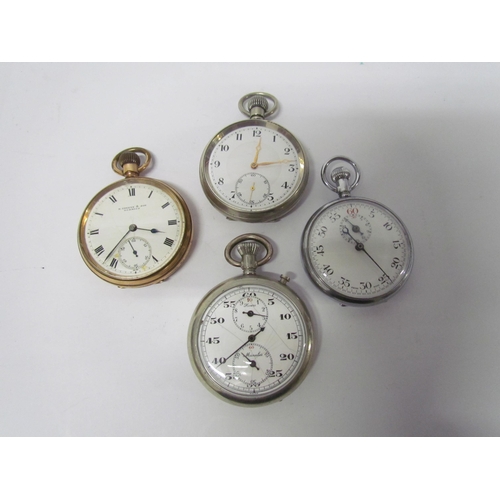 8102 - Two pocket watches including Meteor (face damaged) nickle cased and two Stop watches (damage to one ... 