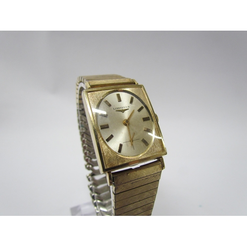 8132 - A Longines 10K gold filled rectangular watch with oval face, baton numerical marks, second dial on b... 