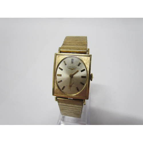 8132 - A Longines 10K gold filled rectangular watch with oval face, baton numerical marks, second dial on b... 