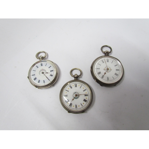 8113 - Two Continental silver fob watches and English silver cased London 1882. Decorative cases floral emb... 