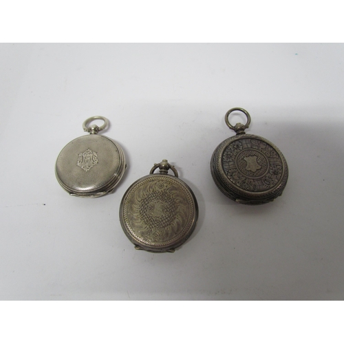 8113 - Two Continental silver fob watches and English silver cased London 1882. Decorative cases floral emb... 