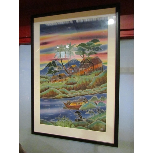 4018 - A print of Oriental scene, man fishing by river with mountains to background, framed and glazed, 70c... 