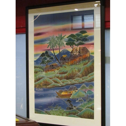 4018 - A print of Oriental scene, man fishing by river with mountains to background, framed and glazed, 70c... 