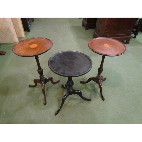 4024 - Three 19th Century wine tables, two mahogany with central marquetry shell motif and an ebonised exam... 