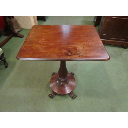 4043 - A mahogany tilt-top pedestal table on scroll feet, top a/f, 73cm tall x 60cm long x 47cm wide