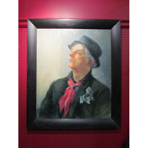 4045 - An oil on board depicting a portrait of a flamboyant gent wearing a pink cravat, a hat and pocket ha... 