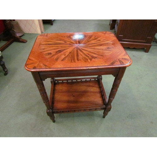 4077 - A Victorian walnut lamp table with exotic wood top over ring-turned tapering legs joined by an under... 