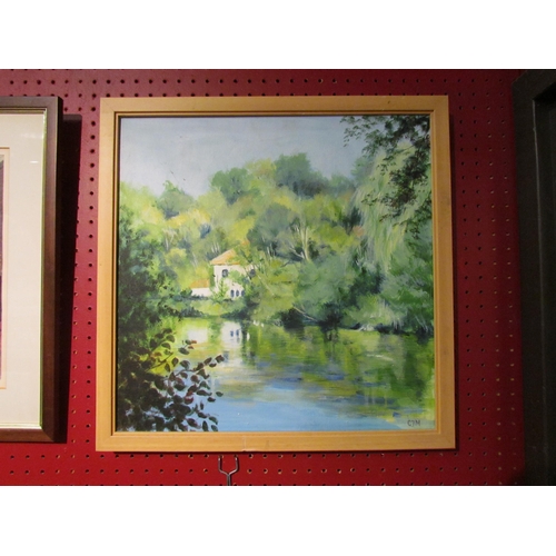 4083 - A Chris Johnson Marshall oil on canvas of house by river, information verso, monogrammed lower right... 