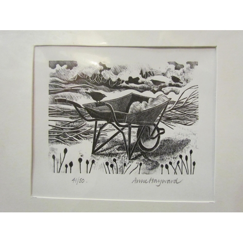 4090 - Two Anne Hayward limited edition prints, wheelbarrow No. 41/50, 8cm x 10cm image size, and 