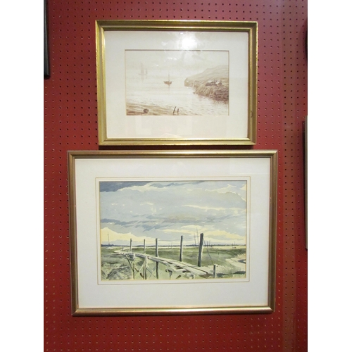 4095 - A sepia watercolour of sailing vessels in estuary, framed and glazed, 16.5cm x 27cm image size toget... 