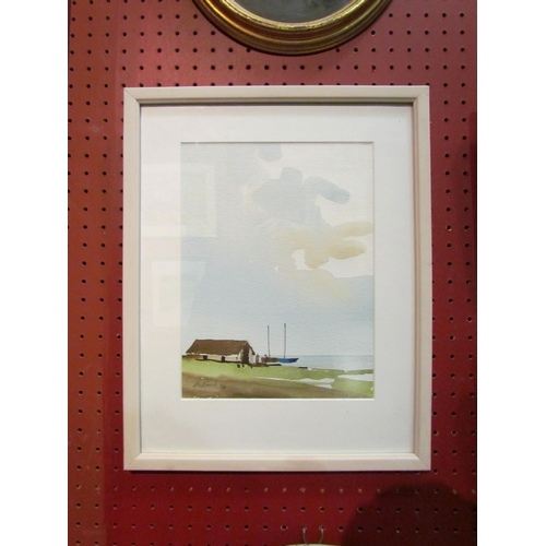 4099 - FLANAGON BEDFORD: A watercolour of a boat house, framed and glazed, 25.5cm x 19cm image size