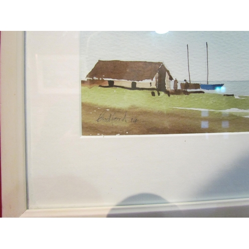 4099 - FLANAGON BEDFORD: A watercolour of a boat house, framed and glazed, 25.5cm x 19cm image size