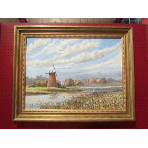 4117 - PETER MERRIN (XX-XXI): An oil on canvas of East Anglian windmill scene, heron wading at river's edge... 