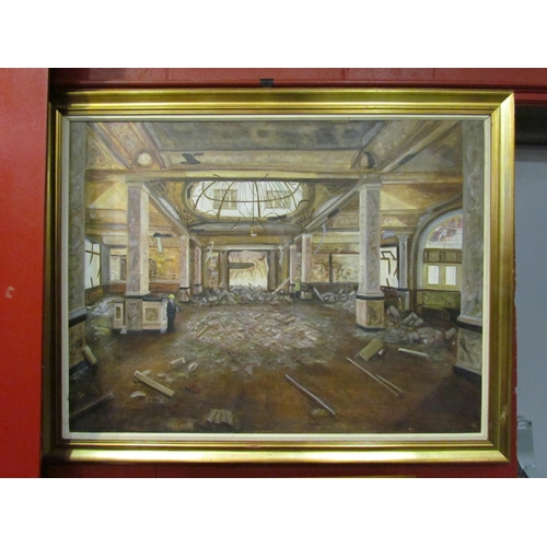 4157 - An oil on canvas of an IRA bombing of the Baltic Exchange in 1993, signed Q lower right, gilt framed... 