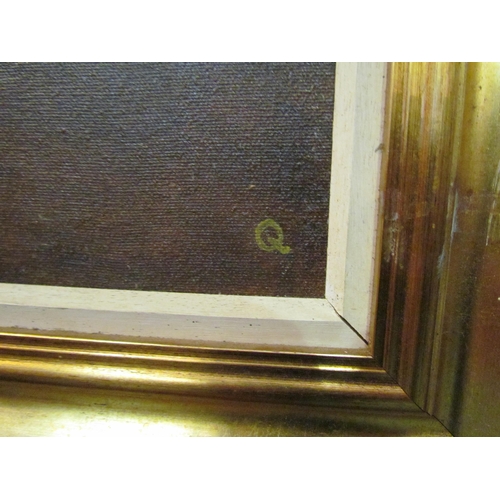 4157 - An oil on canvas of an IRA bombing of the Baltic Exchange in 1993, signed Q lower right, gilt framed... 