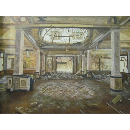 4157 - An oil on canvas of an IRA bombing of the Baltic Exchange in 1993, signed Q lower right, gilt framed... 