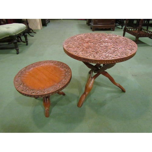 4179 - Two carved Anglo-Indian style tables with folding legs, one top a/f