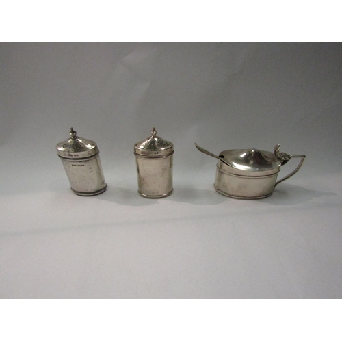 4307 - A James Dixon & Sons Ltd. silver pair of pepperettes together with a mustard pot (non matching liner... 