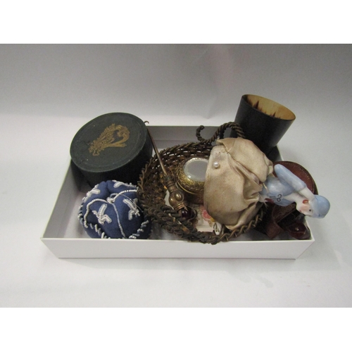 4328 - A mixed lot including collapsible pewter hunting cup, ink pen wipe, button hook with crown knop, etc... 