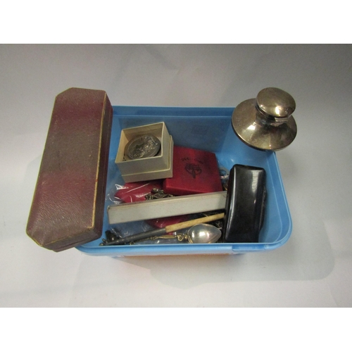 4340 - A box of miscellaneous including silver capstan inkwell and a pair of Conway Stewart pen set