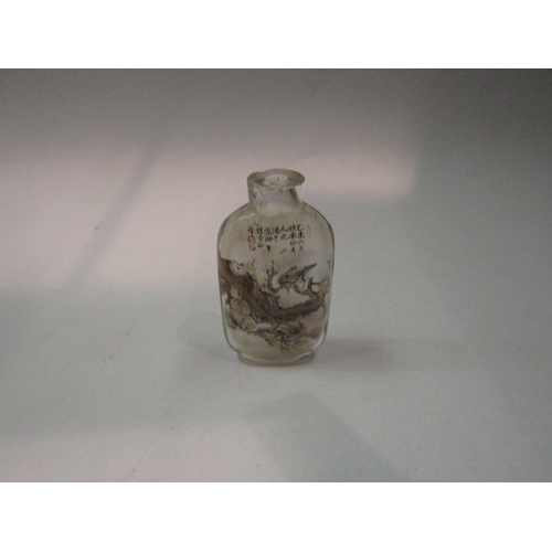 4364 - A Chinese scent bottle internally decorated with crane and other birds in tree branches.  Character ... 