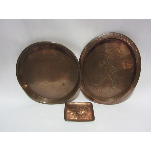 4223 - Two copper bar trays: Johnnie Walker and Teachers, together with an ashtray: R & J H Est 1750 (3)