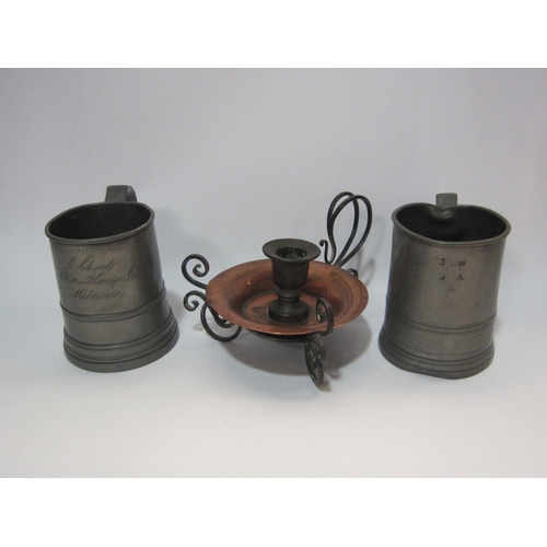 4225 - A copper spirit burning kettle, candle holder and two Victorian pewter tankards, one a/f (4)