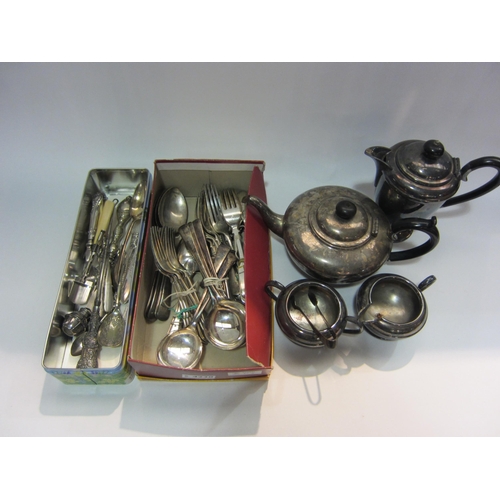 4230 - Three boxes of mixed cutlery and plated ware including silver handled button hook