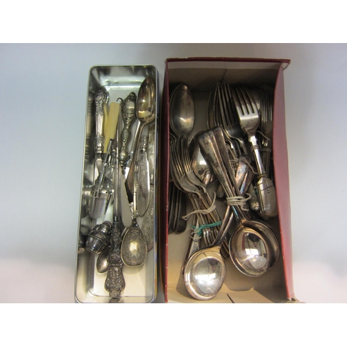 4230 - Three boxes of mixed cutlery and plated ware including silver handled button hook