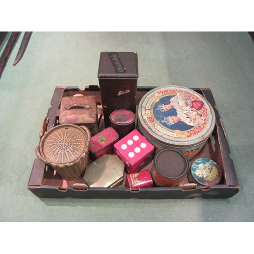 4233 - A box containing various tins including Huntley & Palmers of wicker basket form      (R) £20