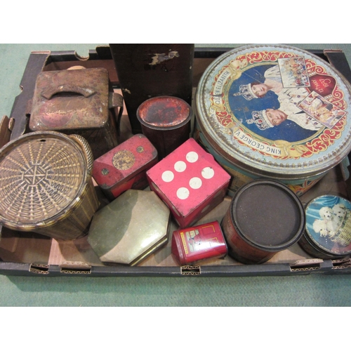 4233 - A box containing various tins including Huntley & Palmers of wicker basket form      (R) £20