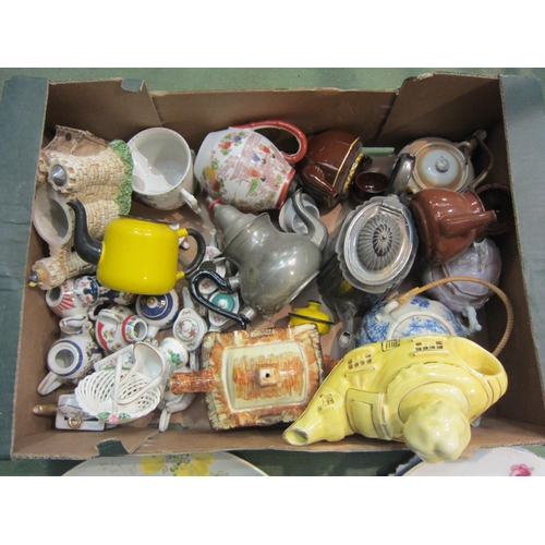 4239 - A box containing miscellaneous metal and china ware to including a Price Cottage Ware teapot and min... 