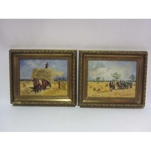 4247 - E.A. McCarthy; Two oil on boards depicting horse and cart and Haymaking scenes, signed lower left, d... 