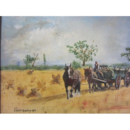 4247 - E.A. McCarthy; Two oil on boards depicting horse and cart and Haymaking scenes, signed lower left, d... 