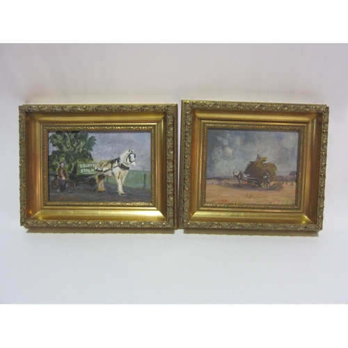 4272 - E.A. McCarthy; Two oil on boards depicting horse and cart and haymaking scenes, signed lower left, g... 