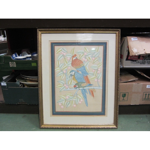 4277 - An Asian hand-painted silk picture of parrots on branches, framed and glazed, 48cm x 35cm    (E) £10... 